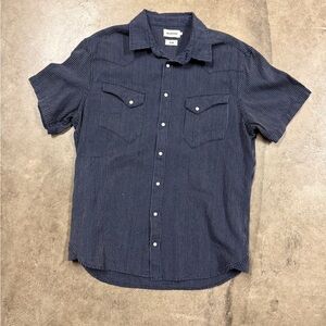 Taylor Stitch Navy Pinstripe Short-Sleeve Camp Pearl Snap Shirt